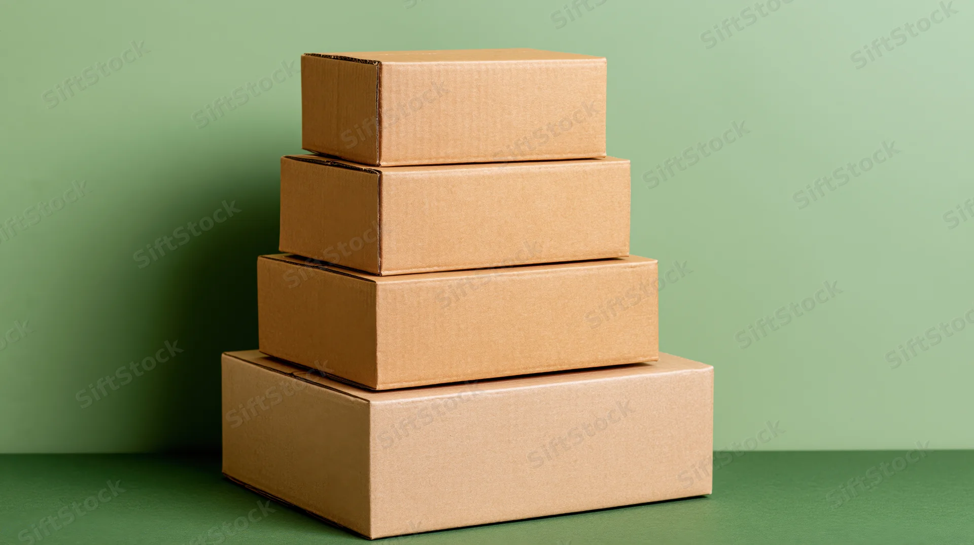 Four plain cardboard boxes stacked in a stepped pyramid formation on a green surface