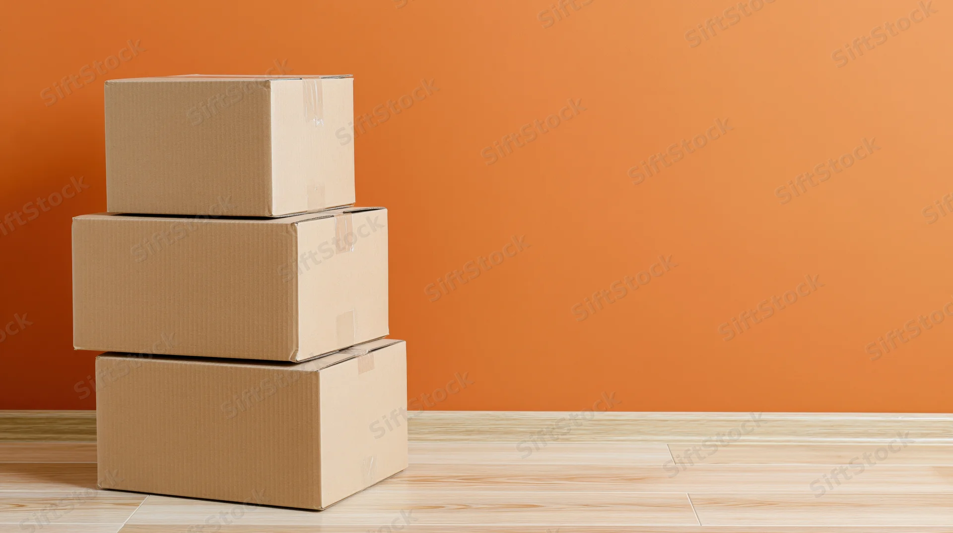 Stack of plain cardboard boxes arranged vertically on a light wood floor against an orange wall