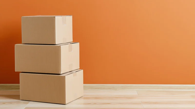 Stack of plain cardboard boxes arranged vertically on a light wood floor against an orange wall