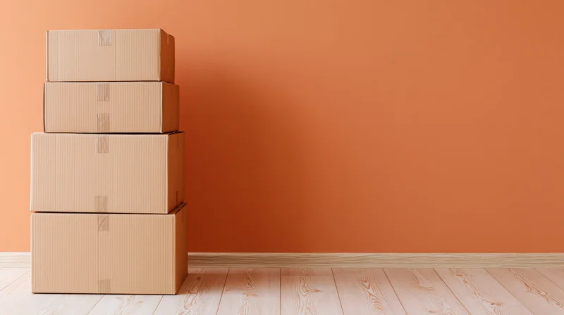 Stack of four plain cardboard boxes against orange wall on light wood floor