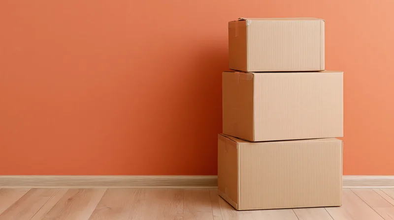Three plain cardboard boxes stacked vertically against an orange wall in a room with light wood flooring