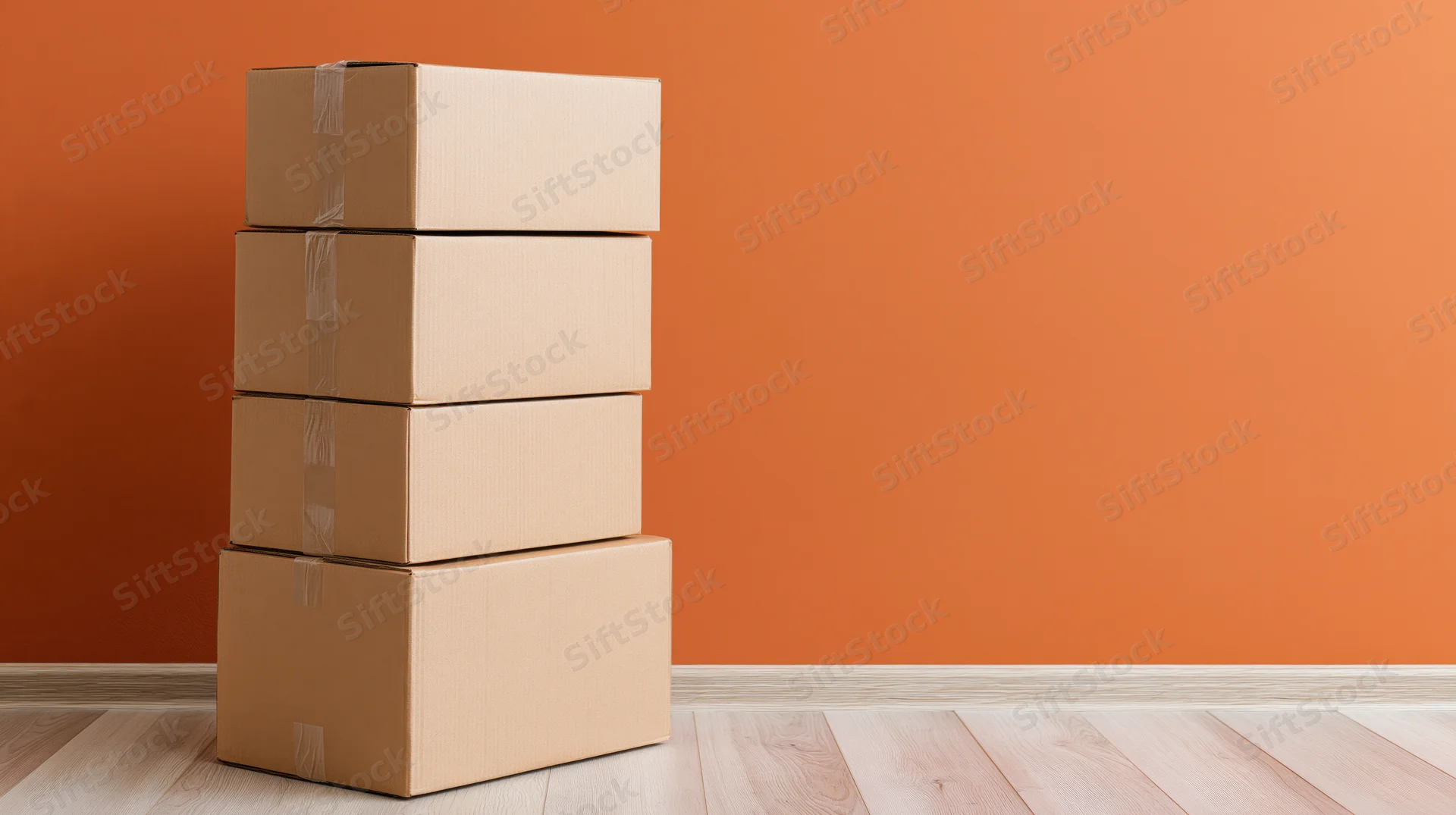 Stack of four plain cardboard boxes on light wood floor against orange wall