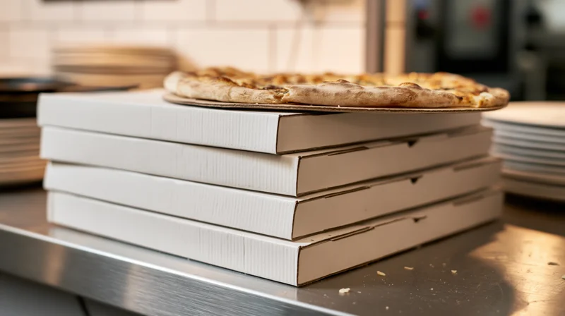 Stack of white cardboard pizza boxes on stainless steel counter in kitchen