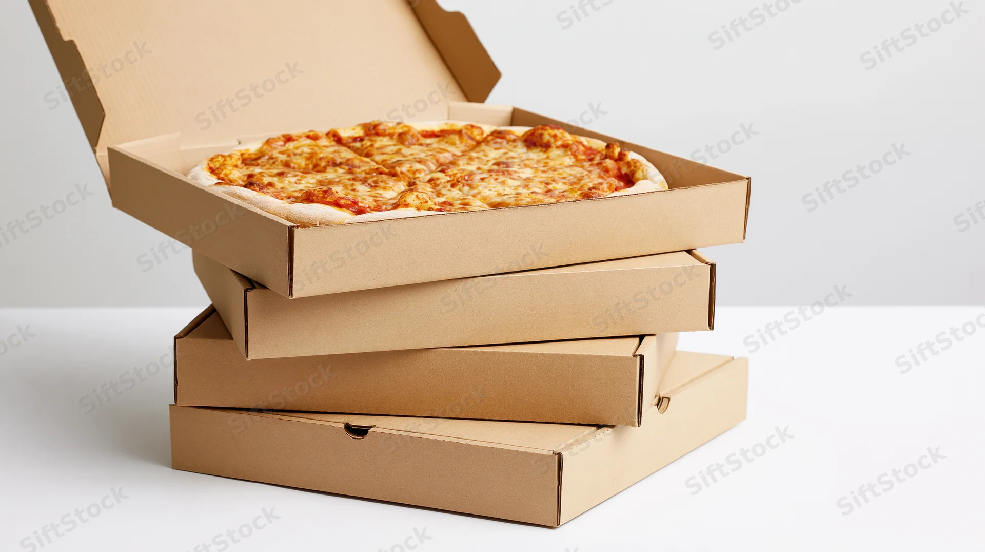 Stack of four kraft cardboard pizza delivery boxes with top one open revealing cheese pizza on white surface