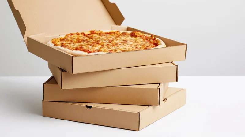 Stack of four kraft cardboard pizza delivery boxes with top one open revealing cheese pizza on white surface