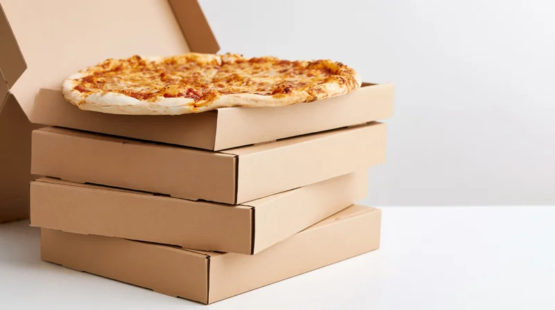 Pizza in open box stacked on top of closed boxes on white surface