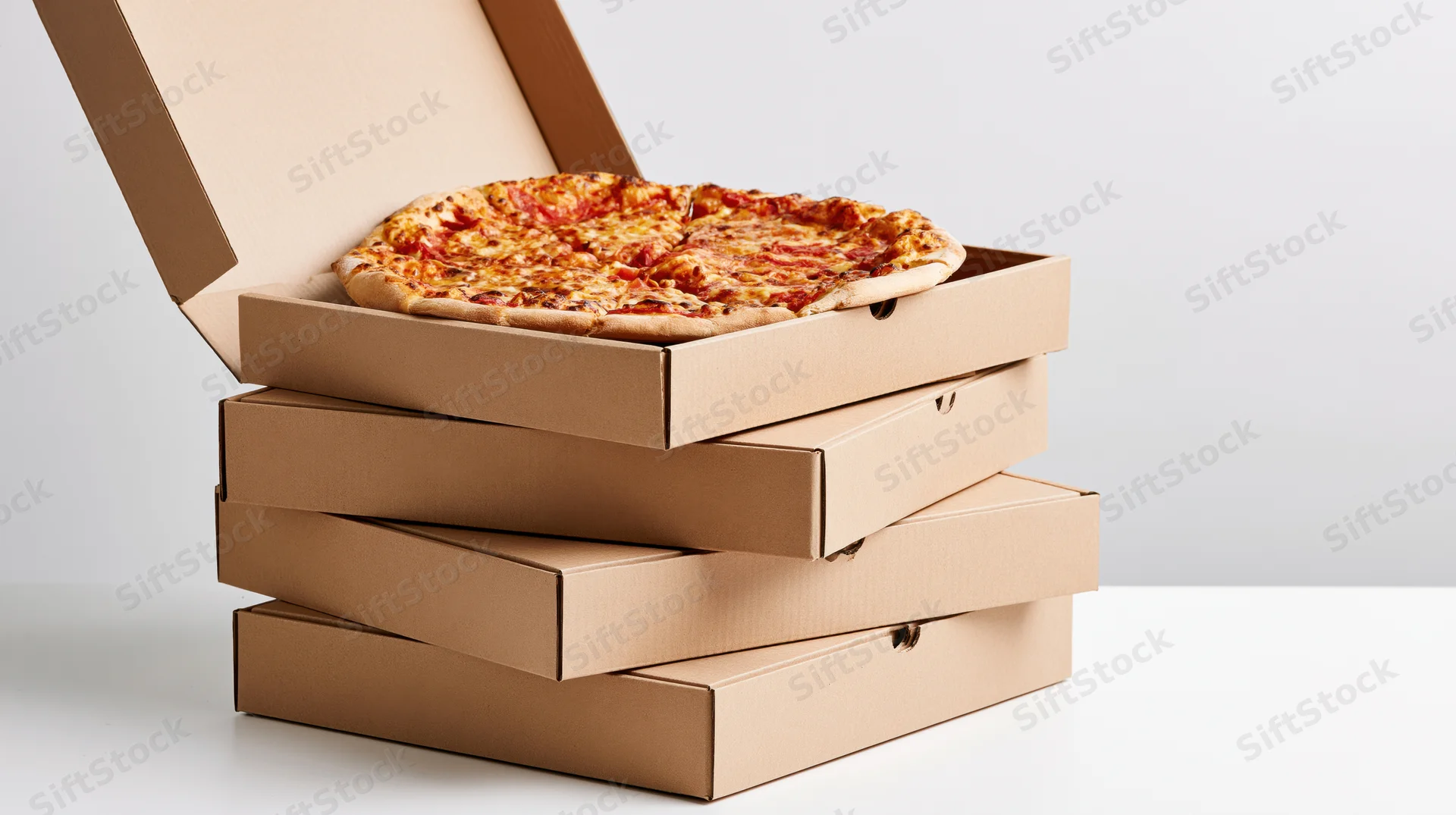 Stack of four kraft cardboard pizza delivery boxes with top one open revealing pizza on white surface