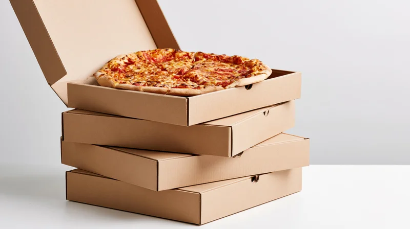 Stack of four kraft cardboard pizza delivery boxes with top one open revealing pizza on white surface