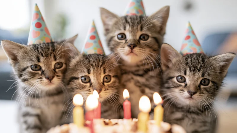 Four tabby kittens wearing colorful party hats gathered around a birthday cake with lit candles indoors