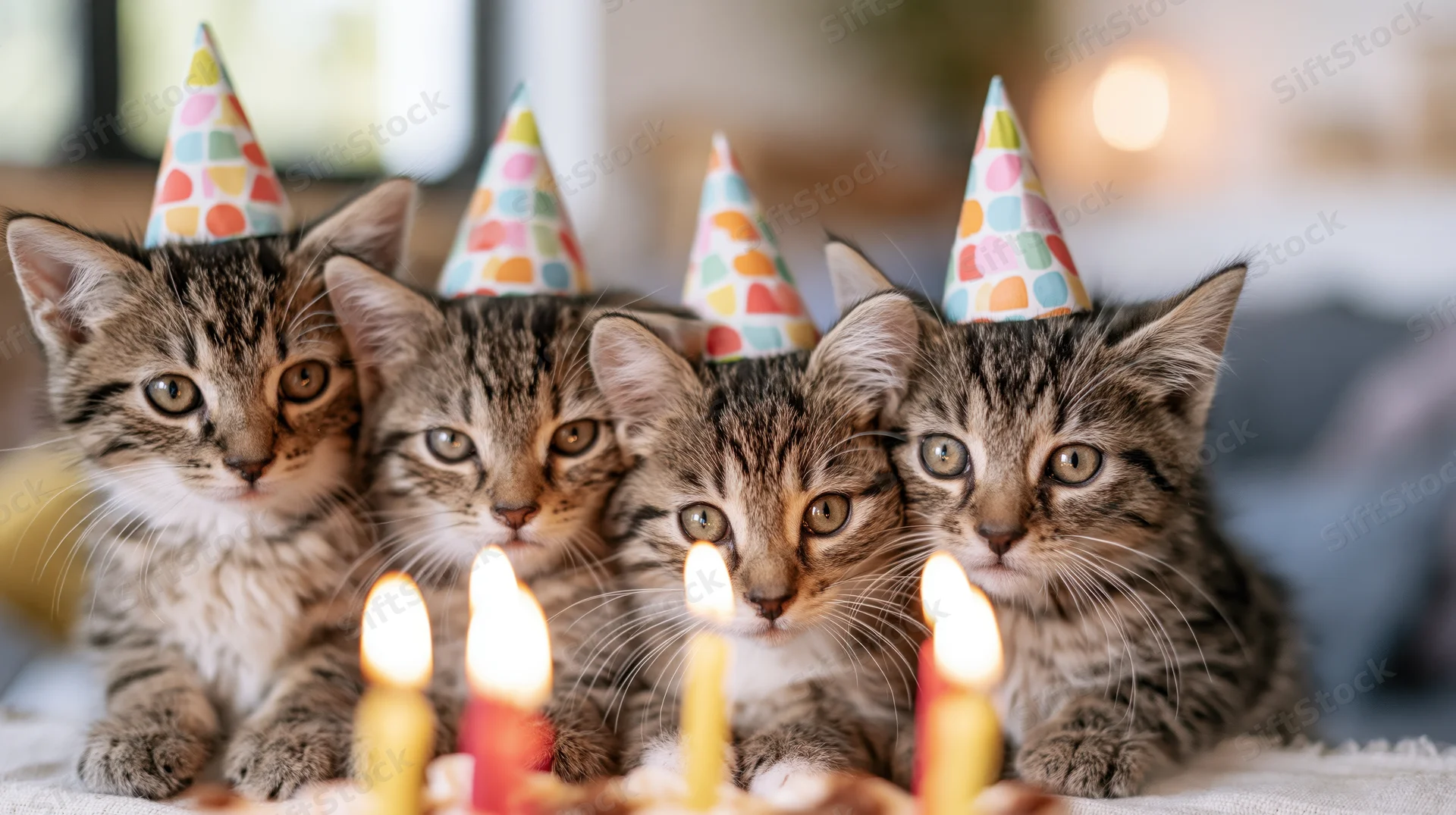 Four tabby kittens wearing colorful party hats sitting together in front of lit candles on a cake indoors