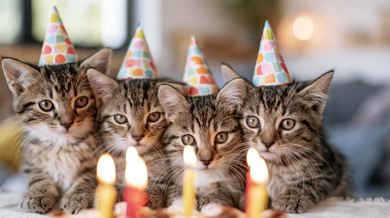 Four tabby kittens wearing colorful party hats sitting together in front of lit candles on a cake indoors