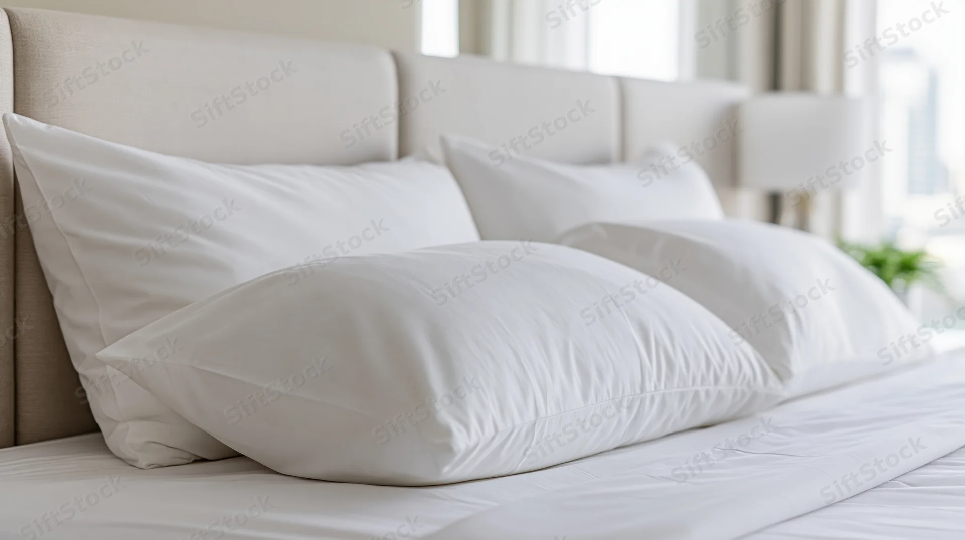 Four white pillows arranged against a padded linen headboard in a hotel bedroom