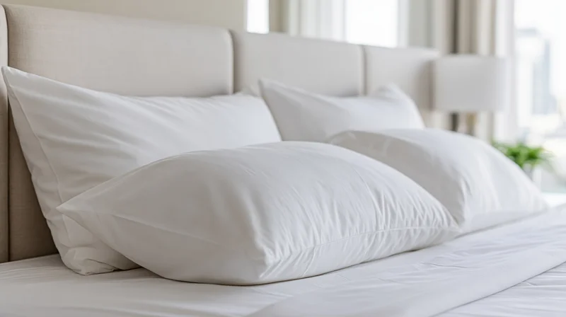 Four white pillows arranged against a padded linen headboard in a hotel bedroom