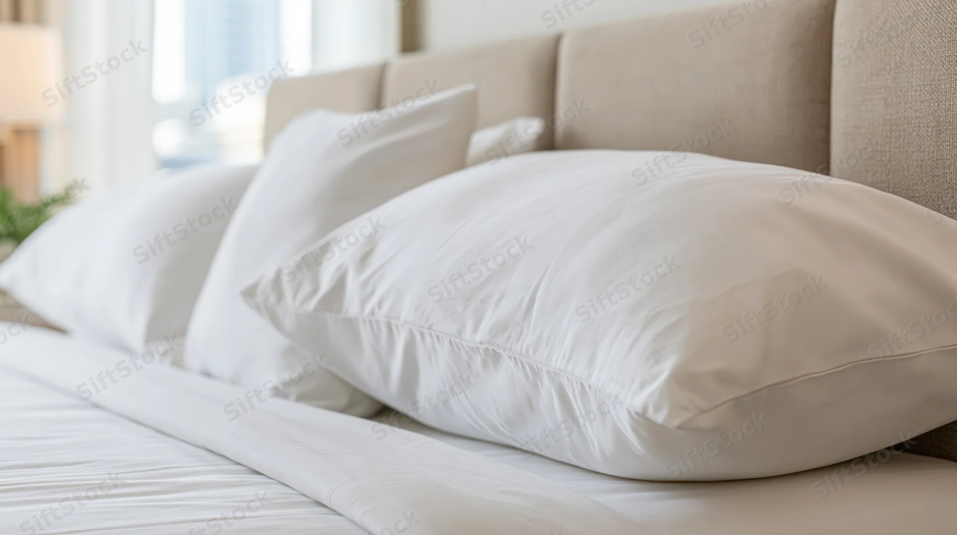 White pillows arranged against a padded linen headboard in a hotel bedroom