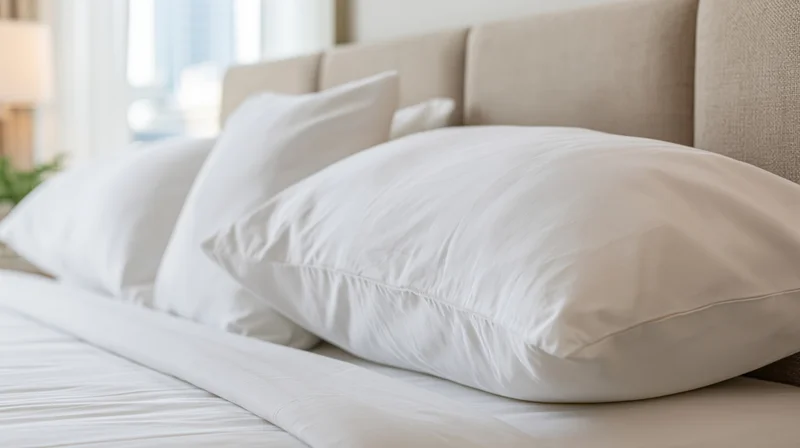 White pillows arranged against a padded linen headboard in a hotel bedroom