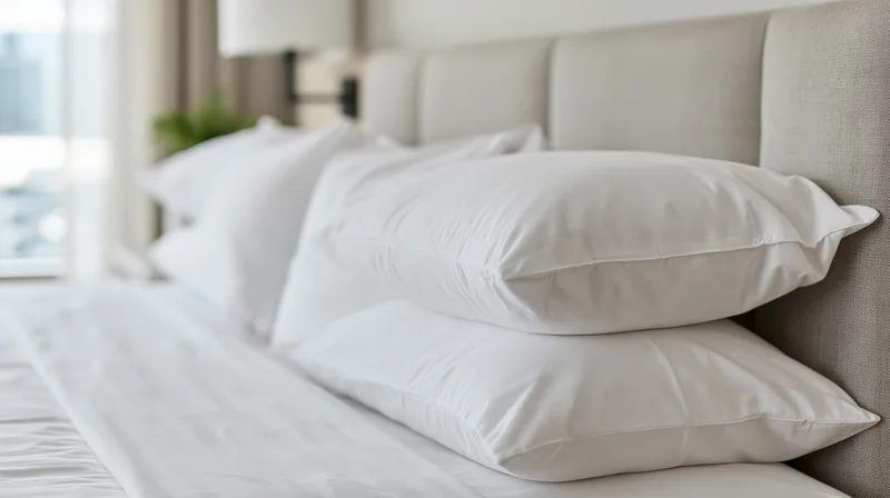 White pillows stacked against a padded linen headboard in a hotel bedroom