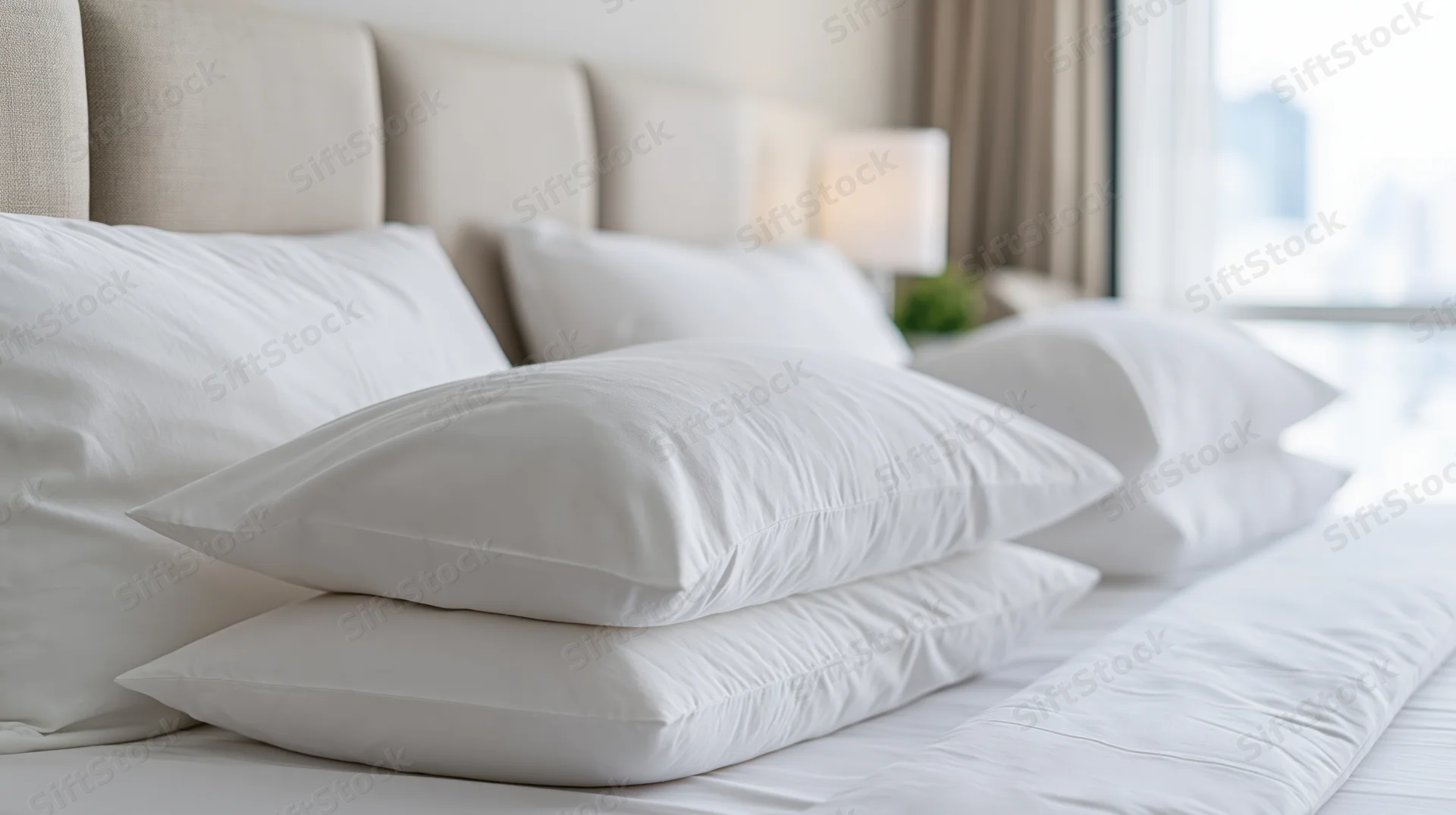 White pillows stacked on a bed against a padded linen headboard in a hotel bedroom