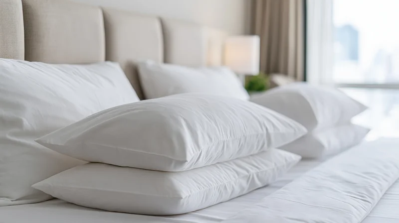 White pillows stacked on a bed against a padded linen headboard in a hotel bedroom