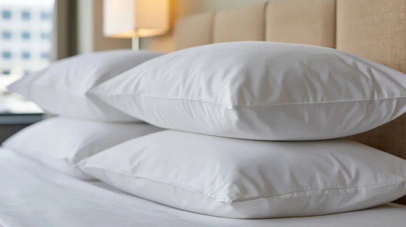 Four white hotel pillows stacked neatly against a padded headboard in a bedroom