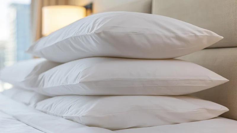 Stack of white hotel pillows arranged neatly on a bed against a padded headboard
