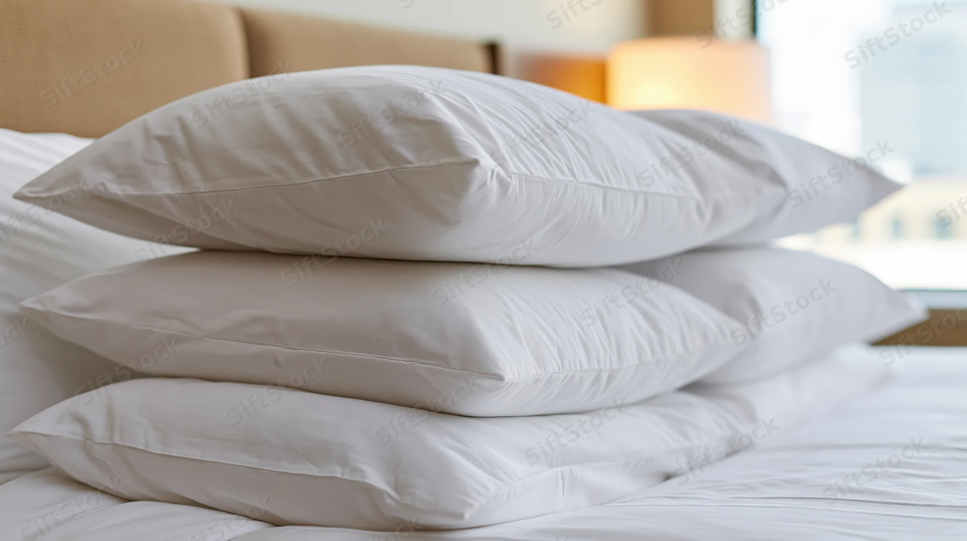 Stack of white hotel pillows on a bed in a bedroom with a headboard and lamp in the background
