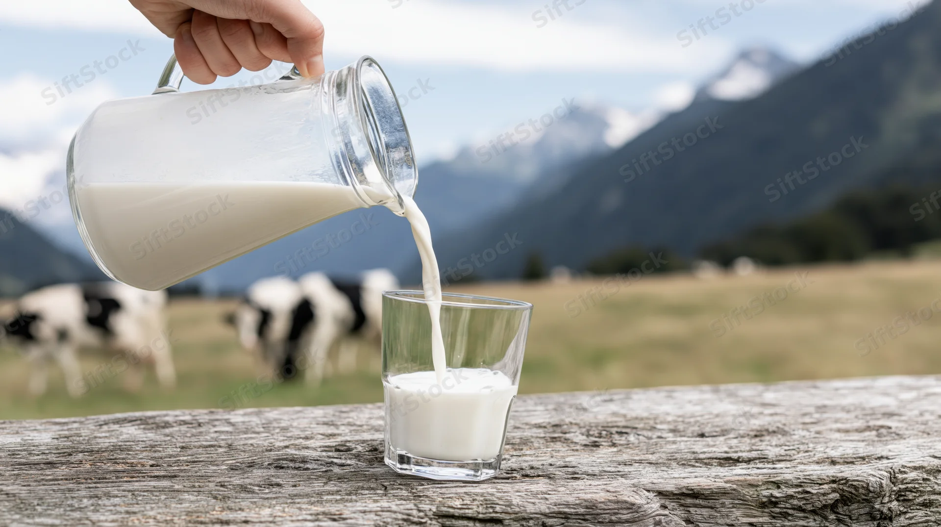 Hand pouring milk from a glass pitcher into a glass on a wooden table with cows grazing in a mountain pasture