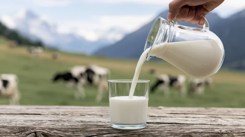 Hand pouring milk from a glass pitcher into a glass on a wooden table with cows grazing in a mountain pasture behind