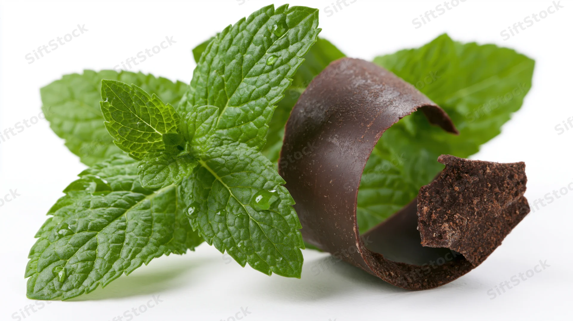 Fresh mint sprig with water droplets beside a chocolate curl on white background
