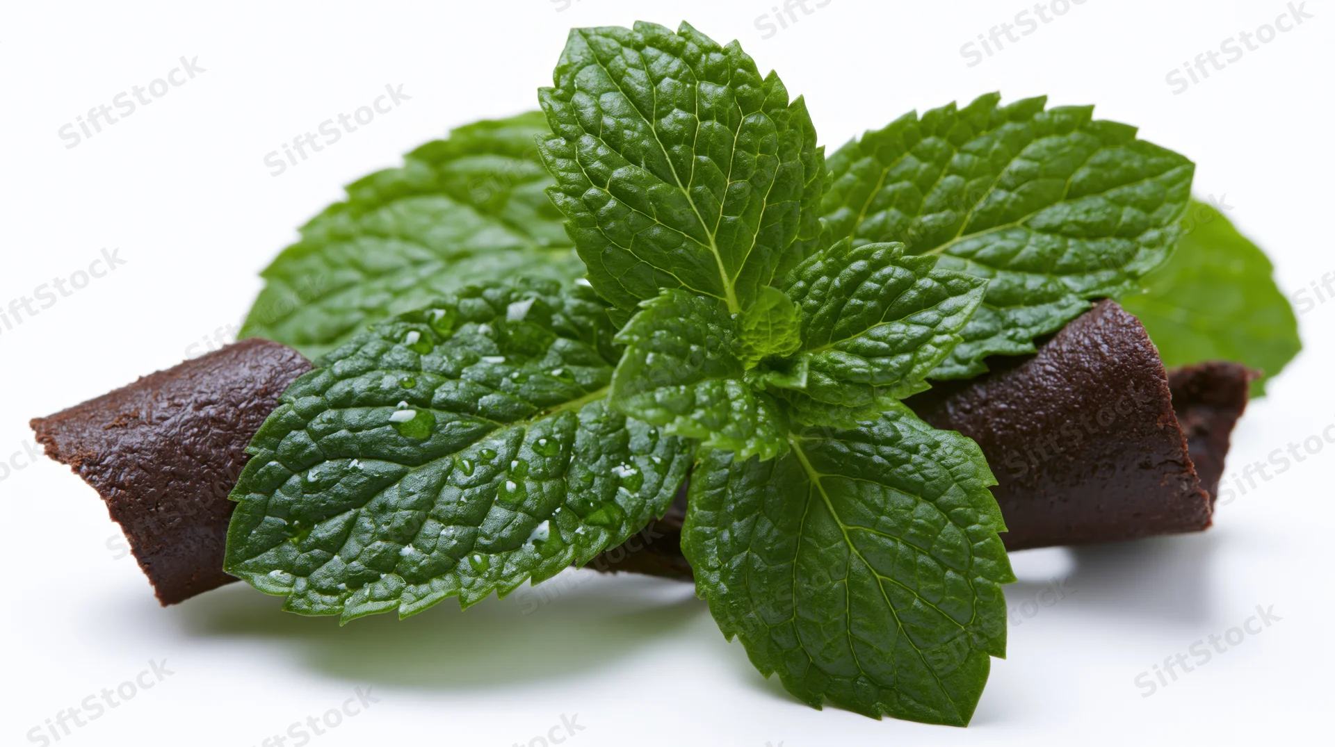 Fresh mint sprig with water droplets resting on chocolate candy against white background