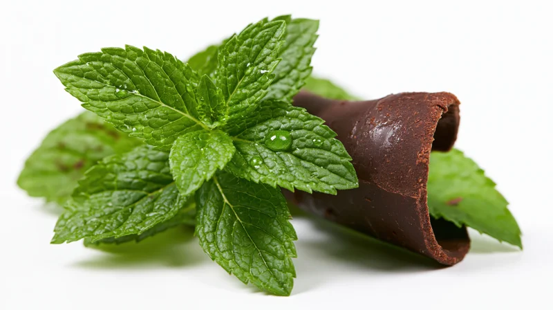 Fresh mint sprig with water droplets beside a chocolate candy roll on white background
