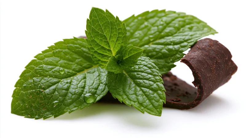 Fresh mint sprig with water droplets resting beside a chocolate curl on white background