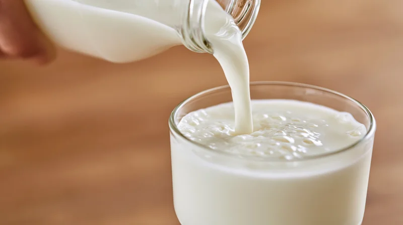 Milk being poured from a glass bottle into a clear glass on a wooden surface