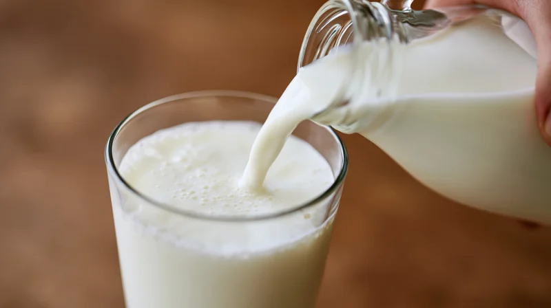 Hand pouring milk from a glass bottle into a clear glass on a wooden surface