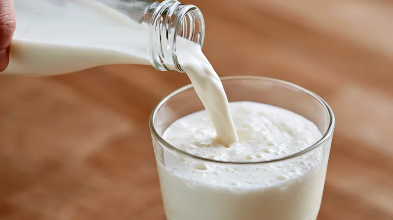 Hand pouring milk from a glass bottle into a clear glass on a wooden surface