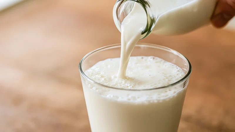 Milk being poured from a glass bottle into a clear glass on a wooden table