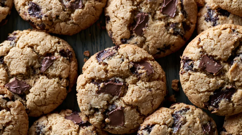 Freshly baked chocolate chunk cookies arranged closely together on a dark surface
