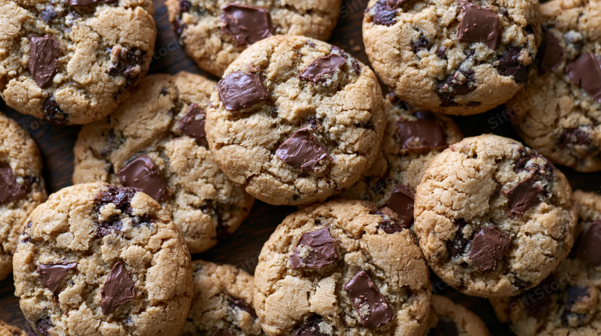 Freshly baked chocolate chunk cookies arranged closely on a wooden surface