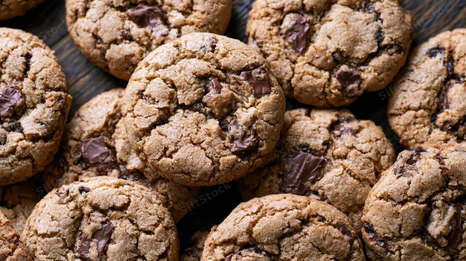 Freshly baked chocolate chunk cookies arranged closely together on a dark wooden surface