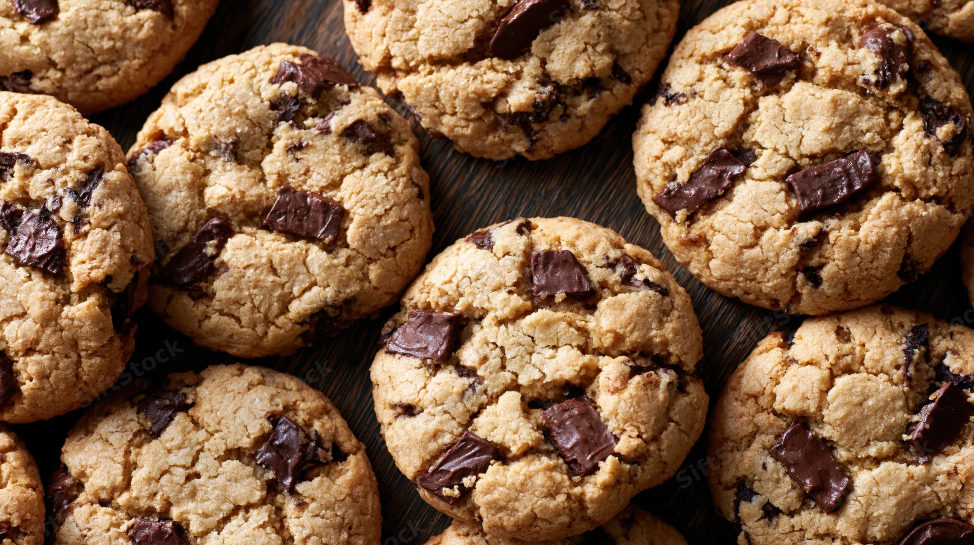 Freshly baked chocolate chunk cookies arranged closely on a dark wooden surface