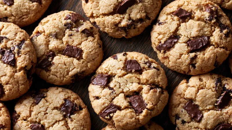 Freshly baked chocolate chunk cookies arranged closely on a dark wooden surface