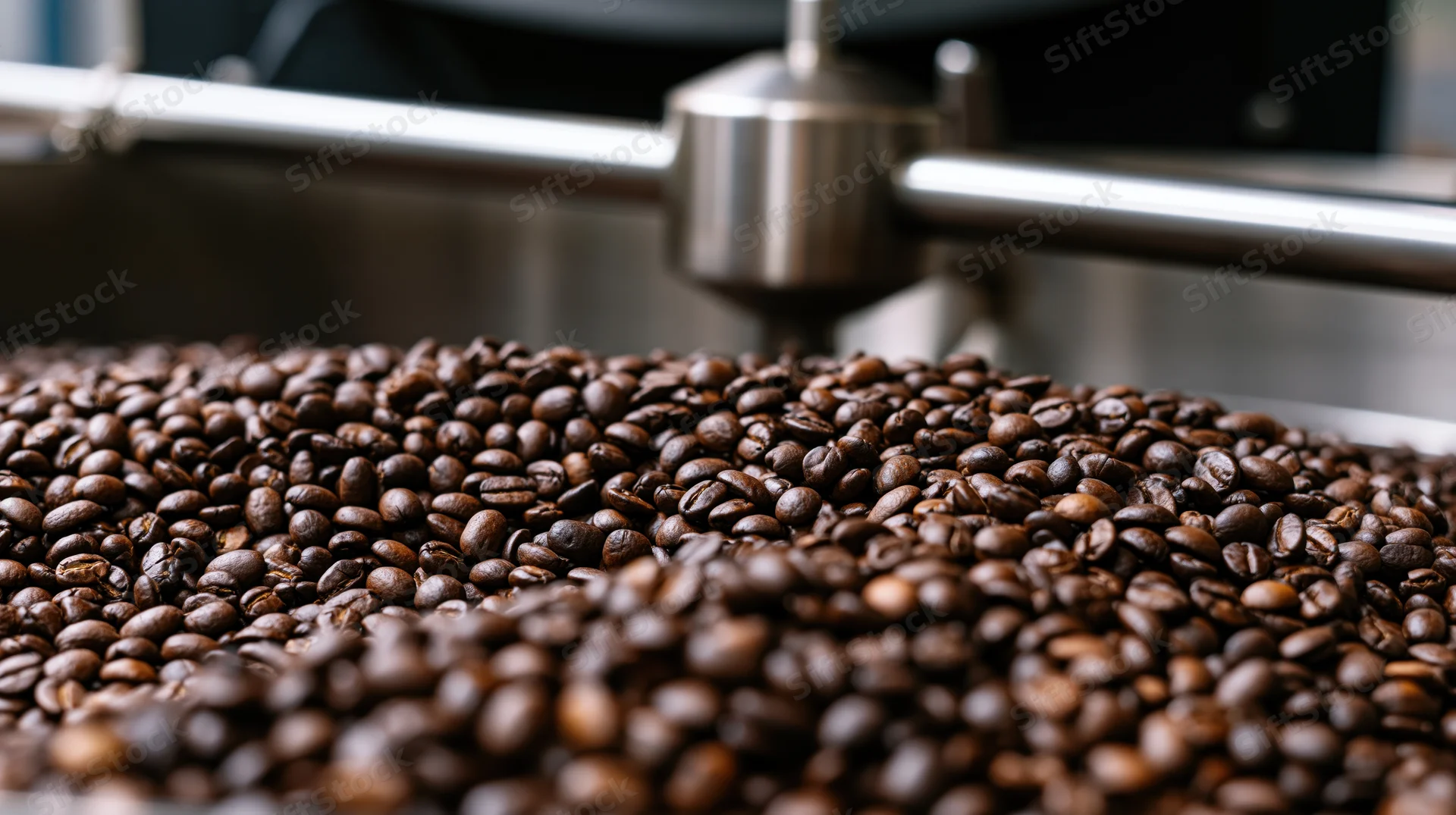 Roasted coffee beans in industrial cooling machine during production