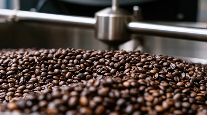 Roasted coffee beans in industrial cooling machine during production