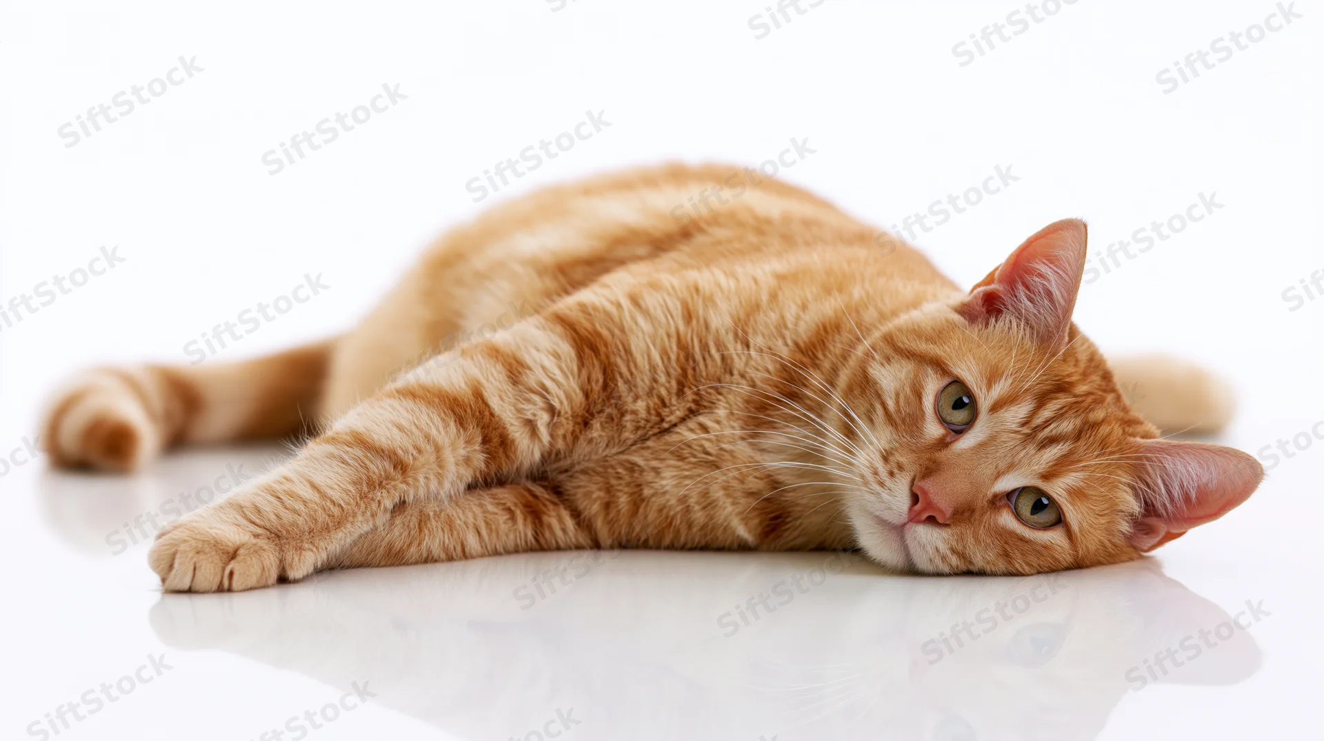 Ginger tabby cat lying flat on white studio surface looking toward camera