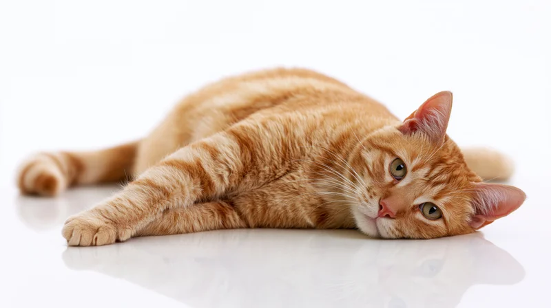 Ginger tabby cat lying flat on white studio surface looking toward camera
