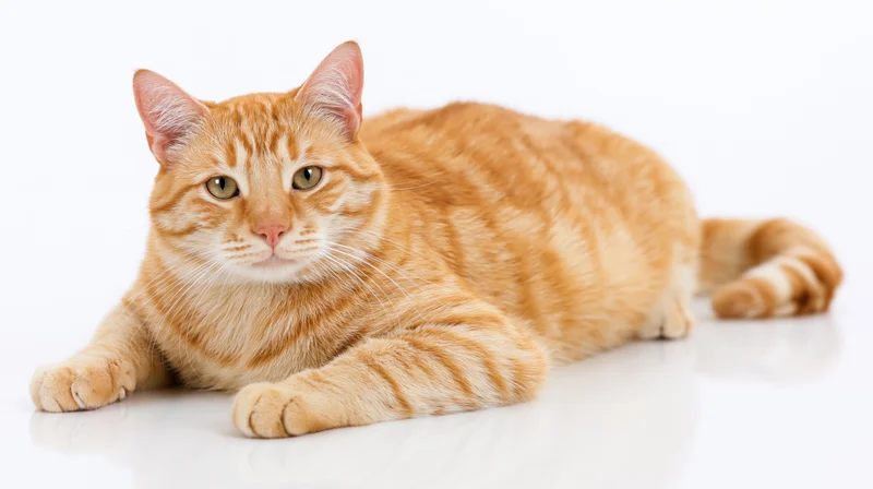 Ginger tabby cat lying flat on white studio surface looking at camera