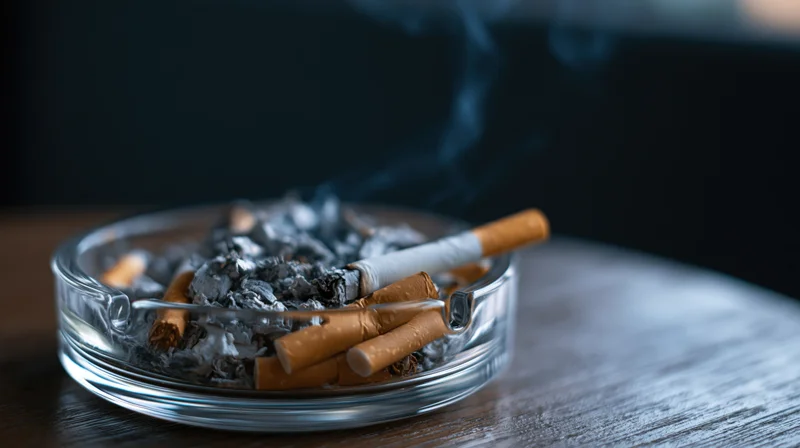 Glass ashtray filled with cigarette butts and ash on a wooden table with smoke rising