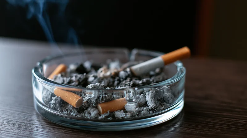 Glass ashtray filled with cigarette butts and ash on wooden table with smoke rising