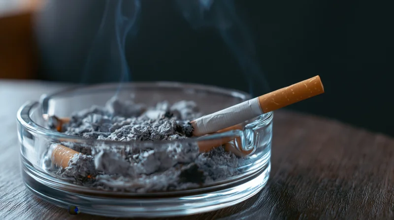 Burning cigarette in glass ashtray filled with ash and butts on wooden table