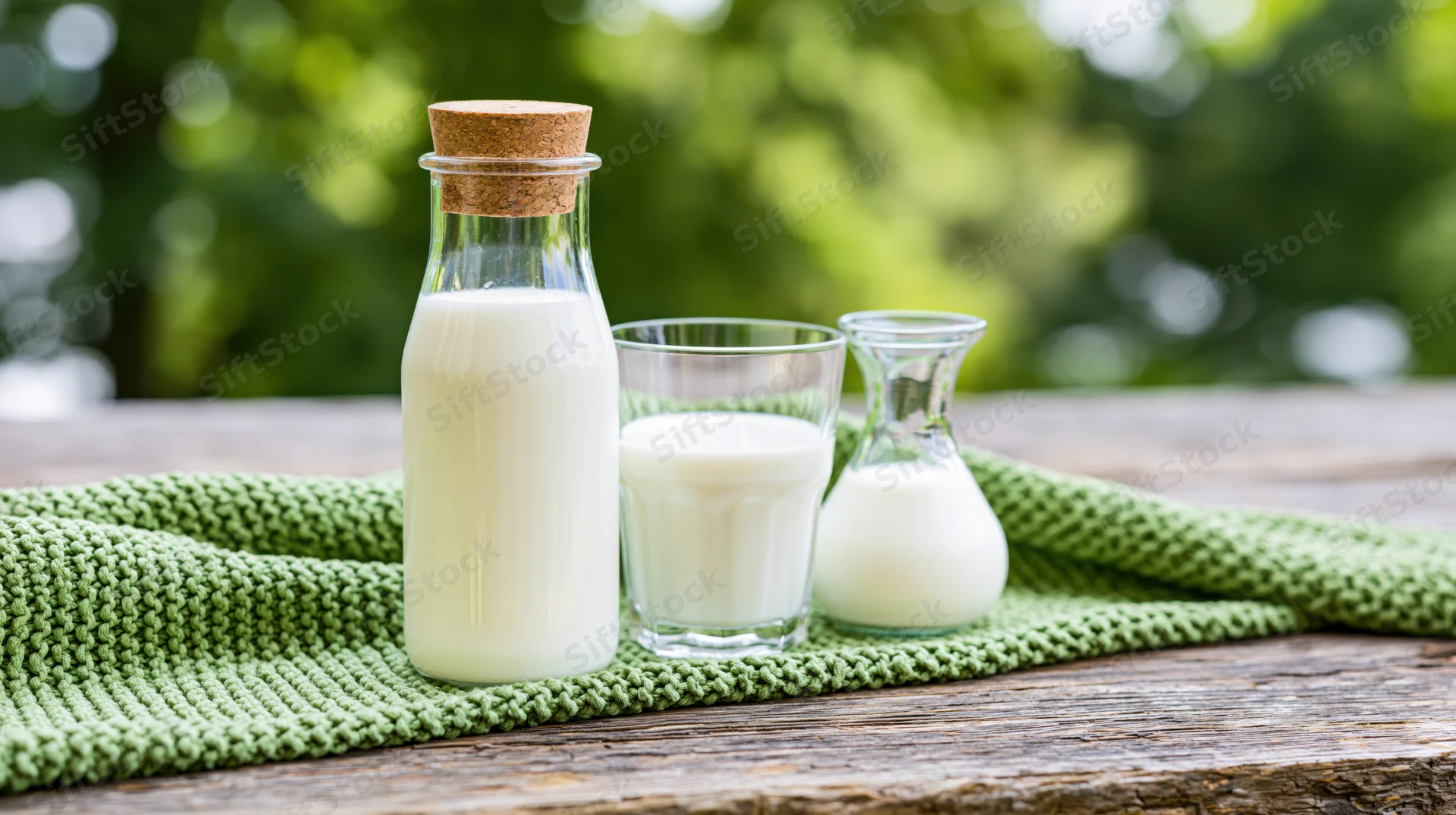 Milk in glass bottle and small jug with drinking glass on wooden table covered with green knitted cloth