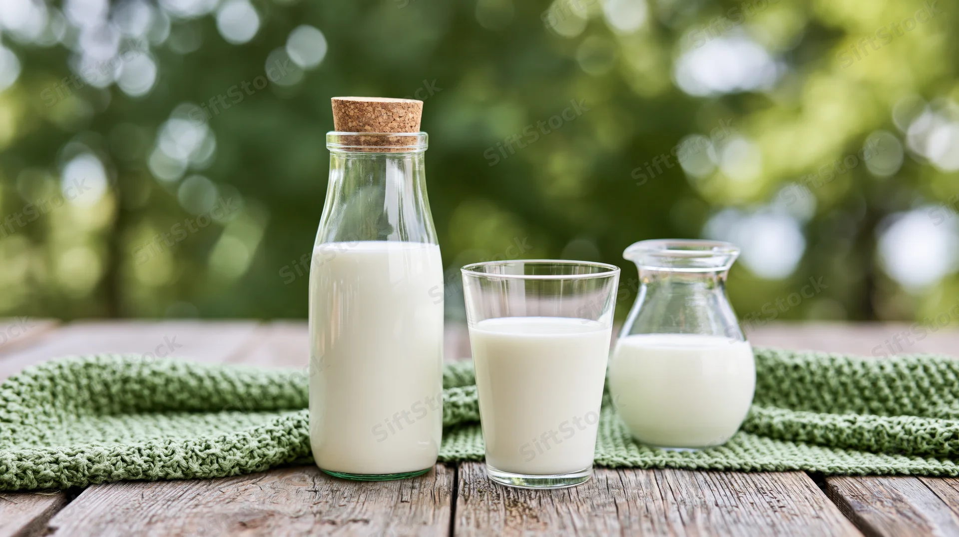 Milk in glass bottle with cork lid, drinking glass and small jug on wooden table outdoors on green cloth